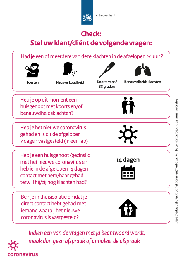 Hygiëneprotocol, gezondheidscheck vragenlijst rijksoverheid